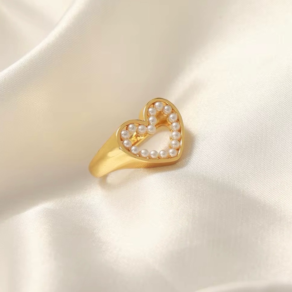 Gold Tone Heart Ring with Pearl Accents  Stainless Steel